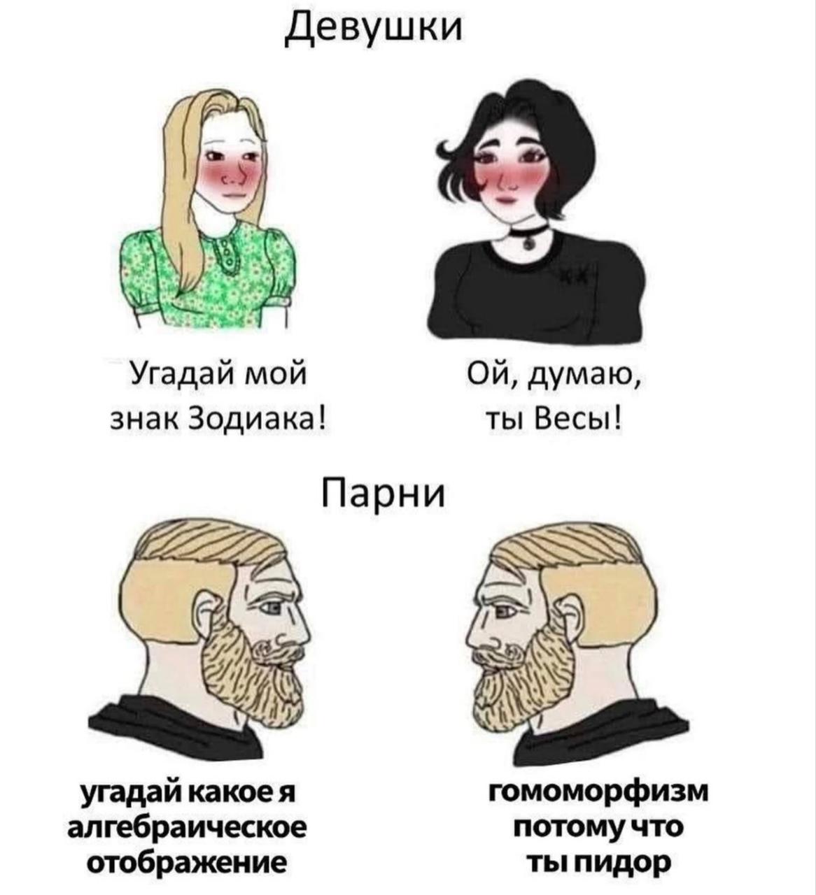 Девушки fan Угадай мой думаю, знак Зодиака! ты Весы! Парни ESQ угадай какое я гомоморфизм алгебраическое потому что отображение ты пидор
