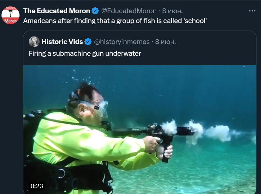 The Educated Moron @EducatedMoron 8 июн. after finding that a group of fish is called '5споо! Historic Vids @historyinmemes 8 июн. Firing a submachine gun underwater 4 0:23