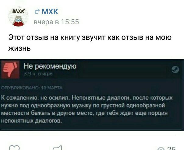 МХК МХК Этот отзыв на книгу звучит как отзыв на мою ЖИЗНЬ Не рекомендую К сожалению, не осилил. Непонятные диалоги, после которых нужно под однообразную музыку по грустной однообразной местности бежат