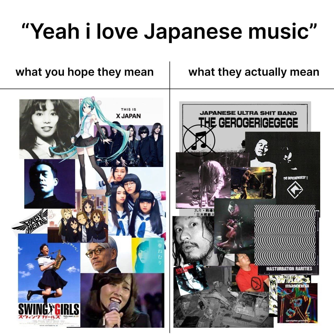 Yeah i love Japanese music what you hope they mean what they actually mean JAPANESE ULTRA SHIT BAND GEROGERIGEGEGE MASTURBATION RARITIES