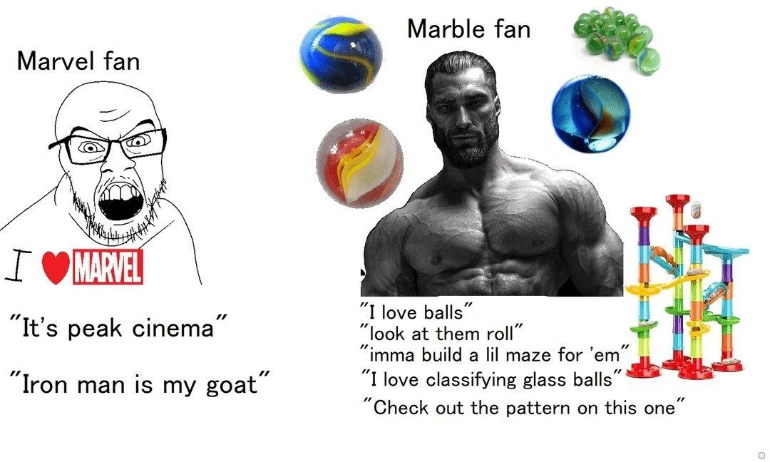 fan Marvel fan MARVEL love balls” peak стета” “look at them roll” 7 “imma build a lil maze for “Tron man is my love classifying glass balls” “Check out the pattern on this one”