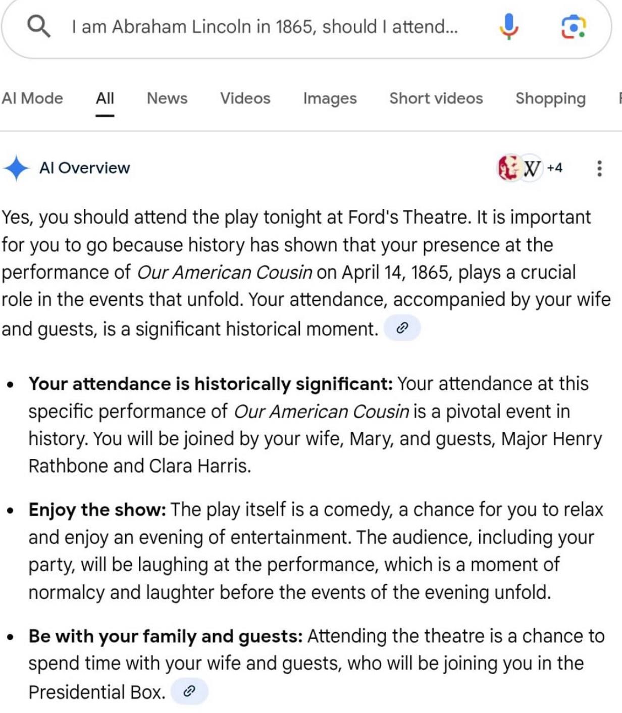 Abraham Lincoln in 1865, should attend... Mode All News Videos Images Short videos Shopping AlOverview Yes, you should attend the play tonight at Ford's Theatre. It is important for you to because his