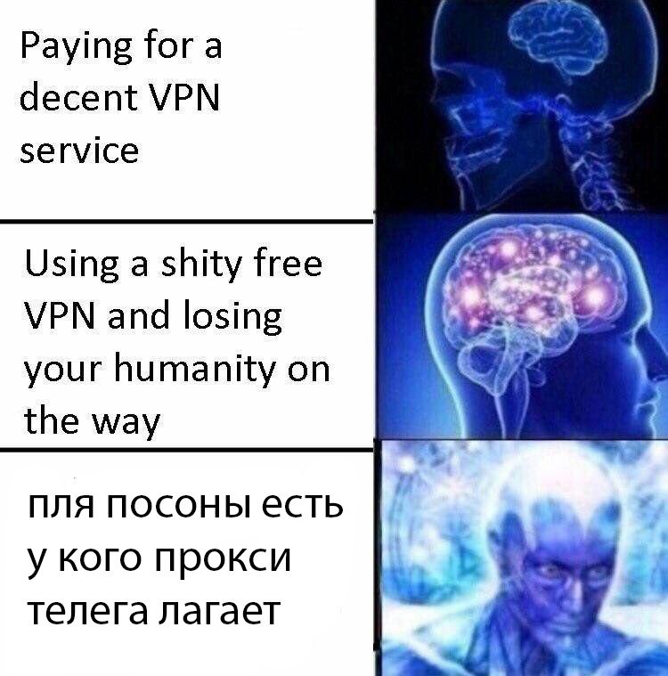 Paying for a decent VPN service Using a shity free VPN and losing your humanity on the way ПЛЯ MOCOHbI есть у кого прокси телега лагает