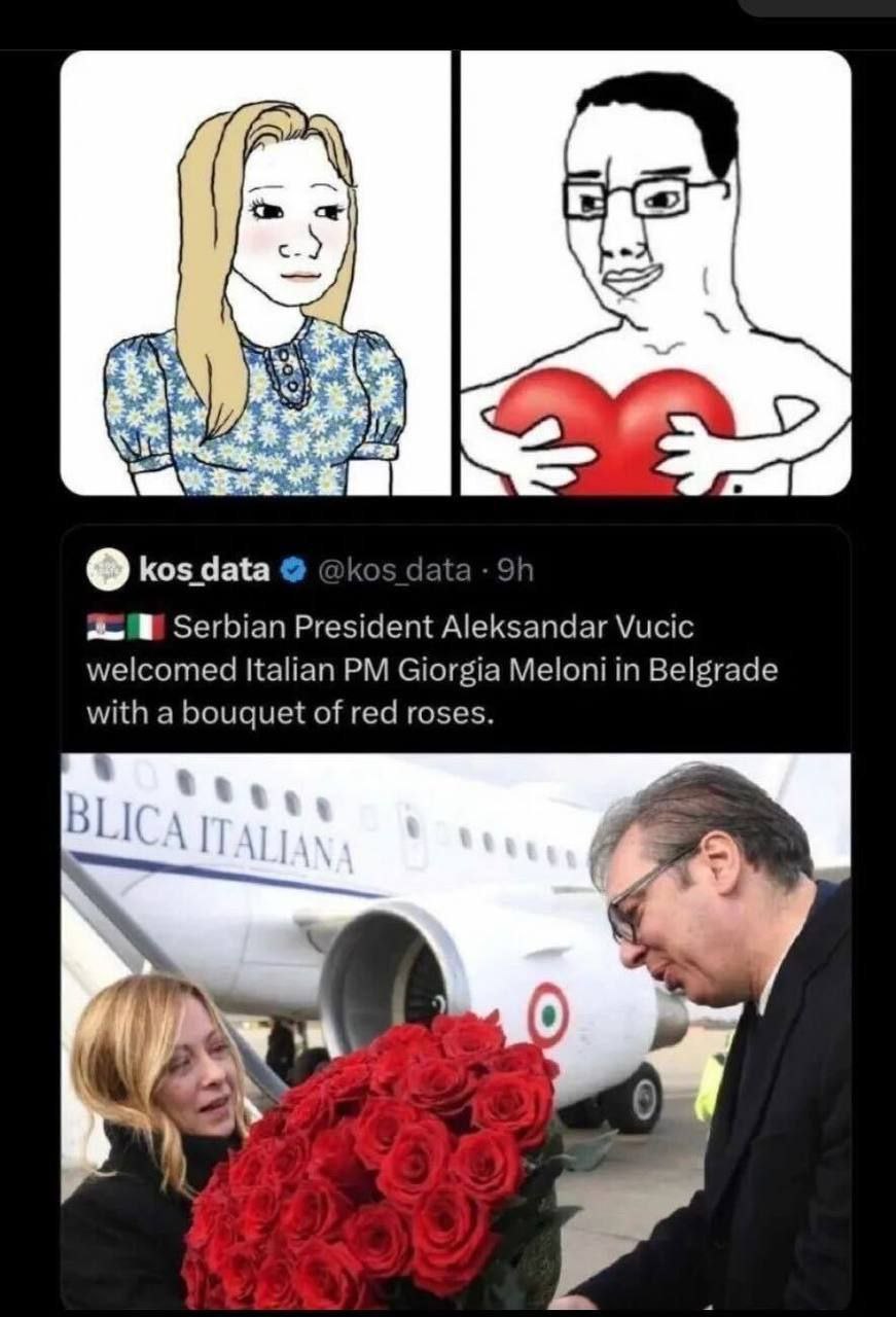 kos data Serbian President Aleksandar Vucic welcomed Italian Giorgia Meloni in Belgrade with a bouquet of red roses. 0