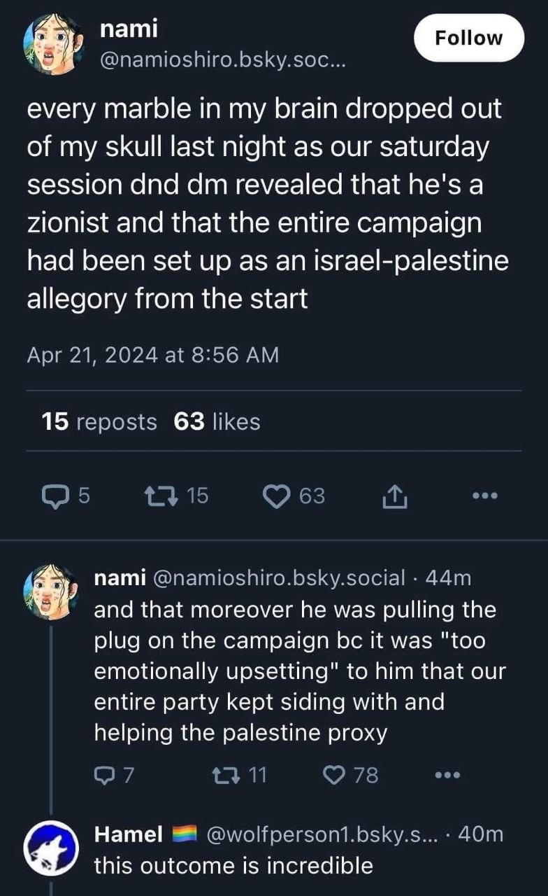 every marble in my brain dropped out of my skull last night as our saturday session dnd revealed that he's a Zionist and that the entire campaign had been set up as allegory from the start nami and th