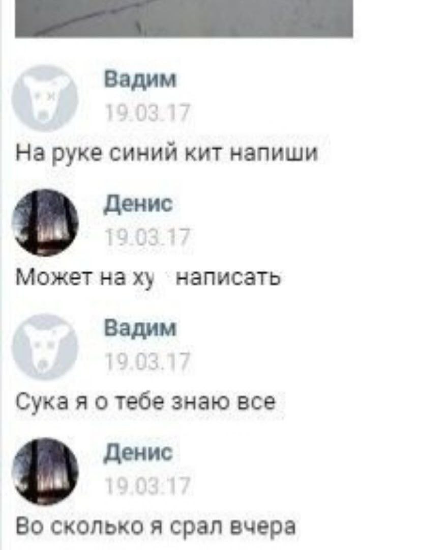 Вадим На руке синий кит напиши Денис Может наху написать Вадим Сука я о тебе знаю все в Денис Во сколько я срал вчера