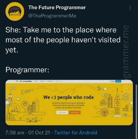 The Future Programmer @TheProgrammerMe She: Take me to the place where most of the people haven't visited yet. Programmer: ople who code 7:58 01 Oct 21 Twitter for Android