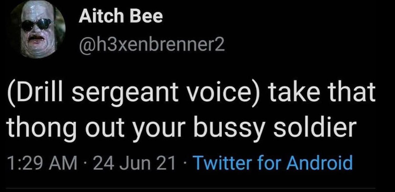 Aitch Bee @h3xenbrenner2 (Drill sergeant voice) take that thong out your bussy soldier 1:29 24 Jun 21 Twitter for Android