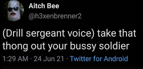 Aitch Bee @h3xenbrenner2 (Drill sergeant voice) take that thong out your bussy soldier 1:29 24 Jun 21 Twitter for Android