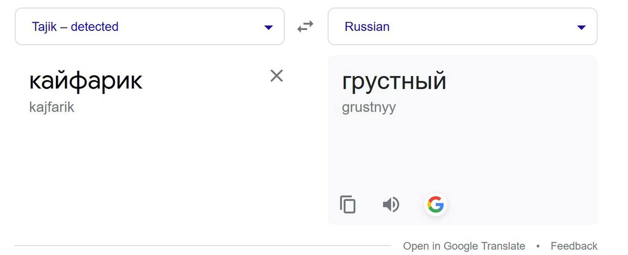 Tajik detected Russian кайфарик грустный kajfarik grustnyy 4) Open in Google Translate Feedback