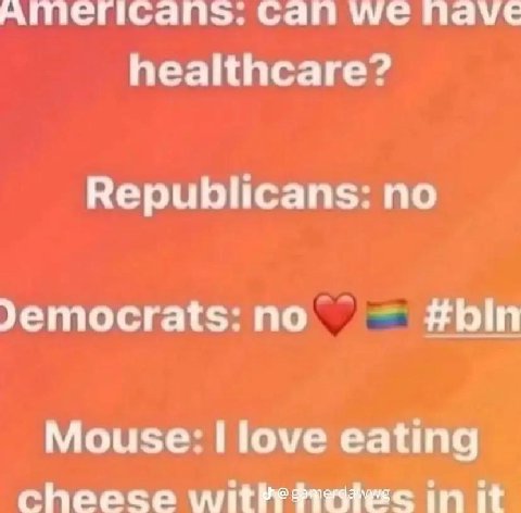 Americans. Can we nave healthcare? Republicans no Jemocrats no Mouse eating cheese wit IN It
