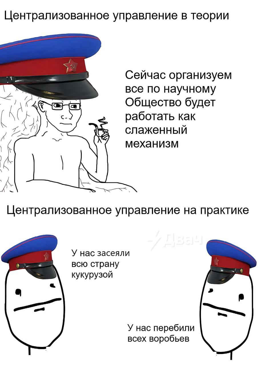 Централизованное управление в теории Сейчас организуем все по научному Общество будет работать как (А слаженный A 2) механизм Централизованное управление на практике У нас засеяли всю страну кукурузой