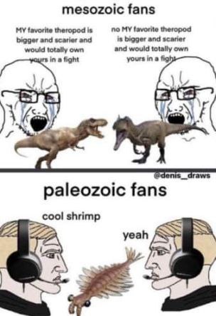 mesozoic fans MY favorite theropod is no MY theropod bigger and scarier and is bigger and scarier would totally own and would totally own in fight yours ina paleozoic fans cool shrimp yeah