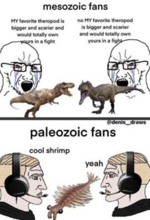 mesozoic fans MY favorite theropod is no MY theropod bigger and scarier and is bigger and scarier would totally own and would totally own in fight yours ina paleozoic fans cool shrimp yeah