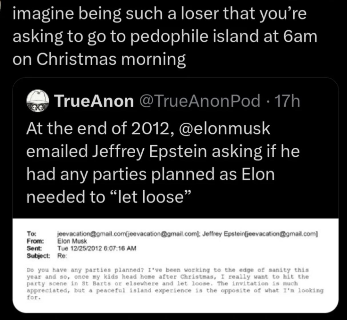imagine being such а loser that you’re asking to to pedophile island at бат on Christmas morning TrueAnon @TrueAnonPod At the end of 2012, @elonmusk emailed Jeffrey Epstein asking if he had any partie