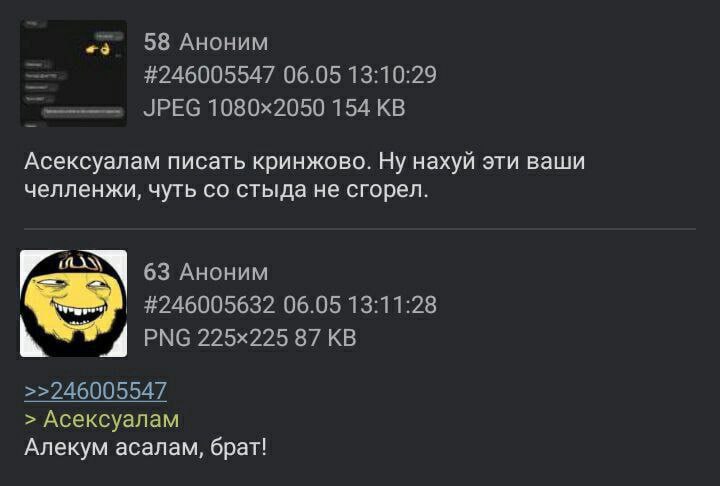 58 Аноним #246005547 06.05 13:10:29 JPEG 154 Асексуалам писать кринжово. Ну нахуй эти ваши челленжи, чуть стыда не сгорел. 63 Аноним #246005632 06.05 13:11:28 87 >>246005547 Асексуалам Алекум асалам, 