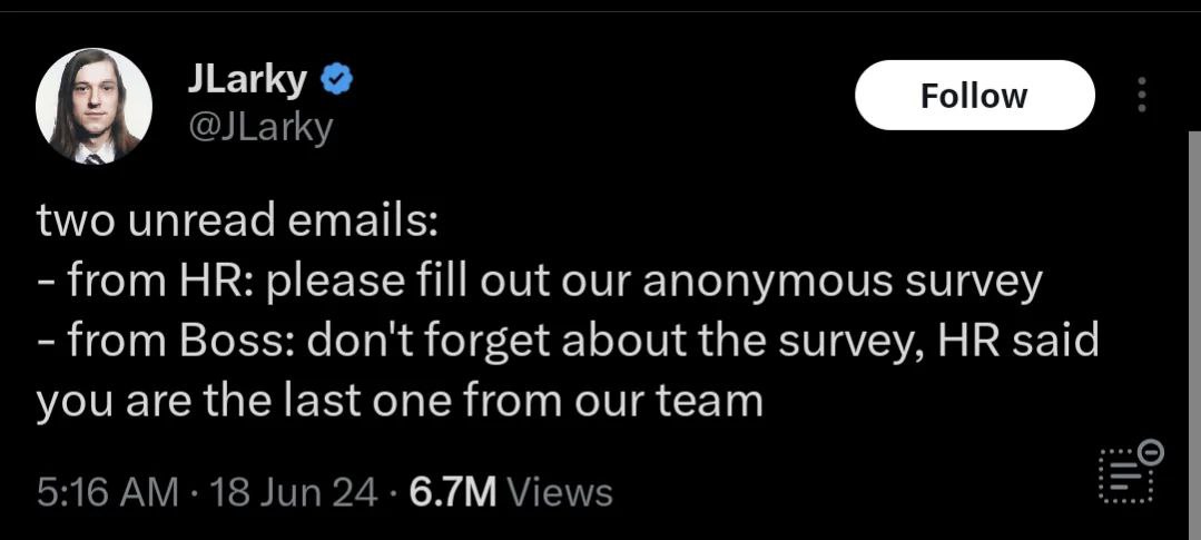 two unread emails: Пот please fill out our anonymous survey from Boss: don't forget about the survey, said you are the last one from our team