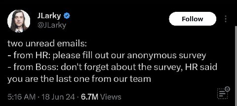 two unread emails: Пот please fill out our anonymous survey from Boss: don't forget about the survey, said you are the last one from our team