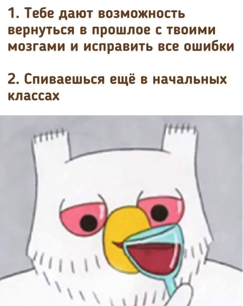1. Тебе дают возможность вернуться в прошлое с твоими мозгами и исправить все ошибки 2. Спиваешься ещё в начальных классах Я