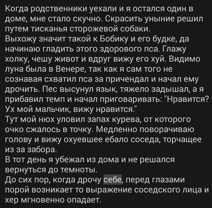 Когда родственники уехали и я остался один в доме, мне стало скучно. Скрасить уныние решил путем тисканья сторожевой собаки. Выхожу значит такой к Бобику и его будке, да начинаю гладить этого здоровог