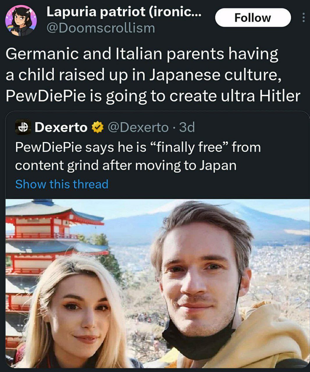 Lapuria patriot (ironic... Follow Germanic and Italian parents having a child raised up in Japanese culture, PewDiePie is going to create ultra Hitler Dexerto PewDiePie says he is “finally free” from 