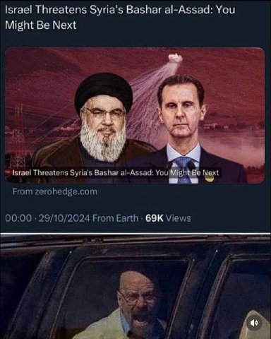 Israel Threatens Syria's Bashar al-Assad: You Might Be Next 4/7 9 -Assad: У stael Threatens Syria's Bashar al-Assad: You From zerohedge.com 00:00 29/10/2024 From Earth Views