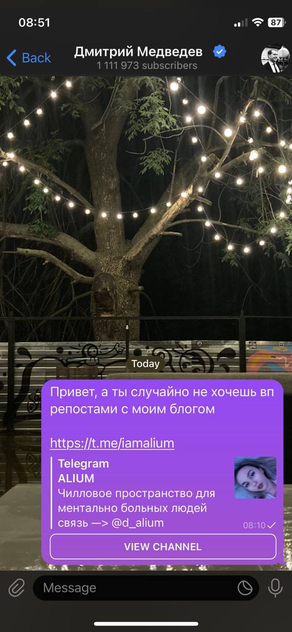 08:51 Дмитрий Медведев ost о Today Привет, а ты случайно He хочешь репостами с моим блогом https://t.me/iamalium Telegram ALIUM Чилловое пространство для ментально больных людей связь @d_alium А