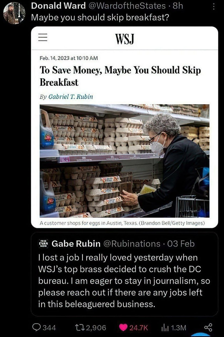 Donald Ward Maybe you should skip breakfast? узеу Feb. 14, 2023 at 10:10 To Save Money, Maybe You Should Skip Breakfast Gabriel Rubin a7 Acustomer shops for eggs Austin, Texas. (Вгапдоп Ве!/бецу Image