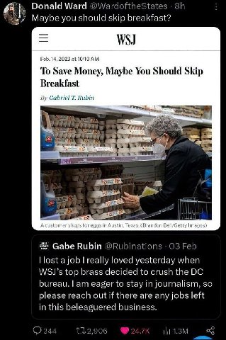 Donald Ward Maybe you should skip breakfast? узеу Feb. 14, 2023 at 10:10 To Save Money, Maybe You Should Skip Breakfast Gabriel Rubin a7 Acustomer shops for eggs Austin, Texas. (Вгапдоп Ве!/бецу Image