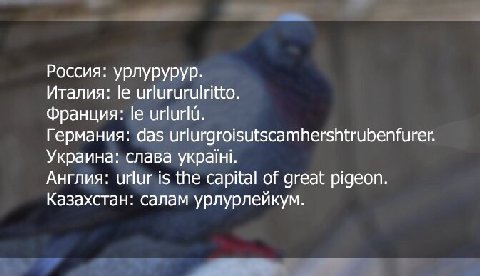 Россия: урлурурур. Италия: urlururulritto. Франция: urlurlu. Германия: das urlurgroisutscamhershtrubenfurer. Украина: слава Англия: urlur is the capital of great pigeon. Казахстан: салам урлурлейкум.