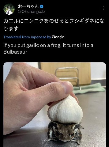 @Ohchan_sub DET Translated from Japanese Google If you put garlic on a frog, it turns into a Bulbasaur