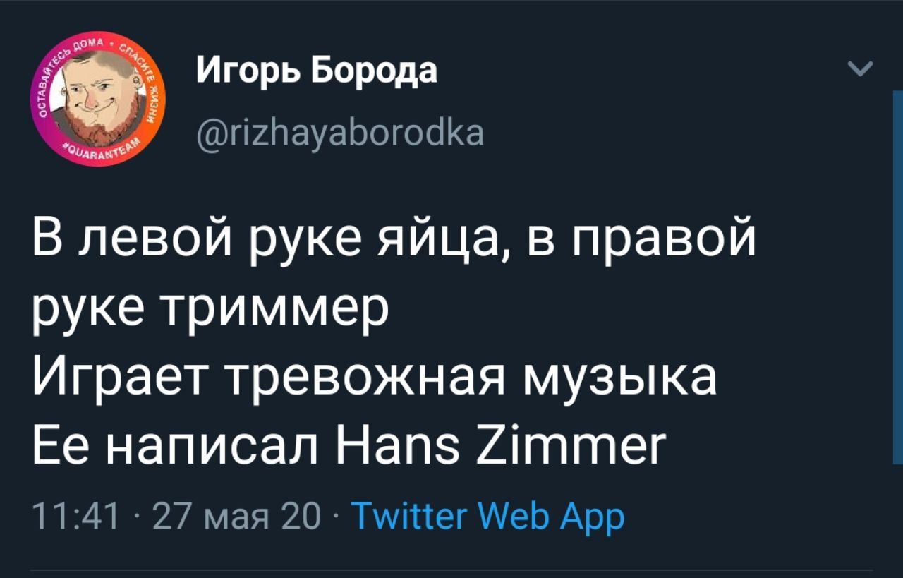 Игорь Борода У @rizhayaborodka В левой руке яйца, в правой руке триммер Играет тревожная музыка Ее написал Hans Zimmer 11:41 27 мая 20 Twitter Web App