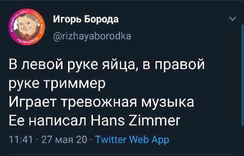 Игорь Борода У @rizhayaborodka В левой руке яйца, в правой руке триммер Играет тревожная музыка Ее написал Hans Zimmer 11:41 27 мая 20 Twitter Web App