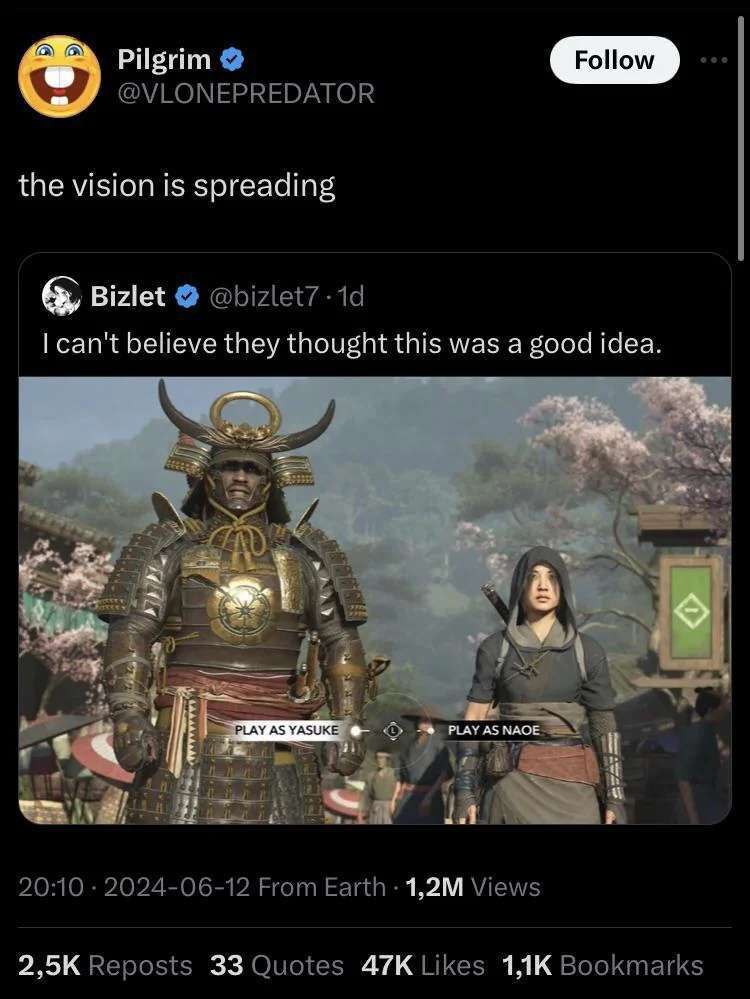 Pilgrim @VLONEPREDATOR the vision is spreading Bizlet @bizlet7 they thought this was а good idea. А$ У. PLAY AS 1 20:10 2024-06-12 From Earth Views Reposts 33 Quotes Likes Bookmarks