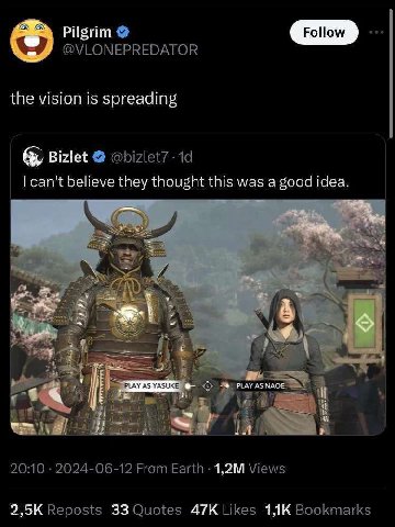 Pilgrim @VLONEPREDATOR the vision is spreading Bizlet @bizlet7 they thought this was а good idea. А$ У. PLAY AS 1 20:10 2024-06-12 From Earth Views Reposts 33 Quotes Likes Bookmarks