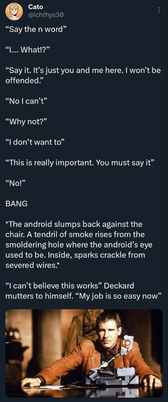 Саю “Say the word” What!?” “Say it. It’s just you and me here. won’t be offended.” “Why not?” don’t want to” “This is really important. You must say it” “Nol” BANG *The android slumps back against the