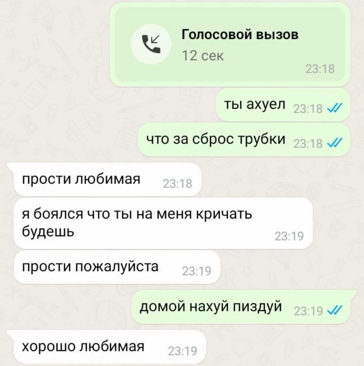 Голосовой вызов 12 сек ты ахуел и что за сброс трубки и прости любимая я боялся что ты на меня кричать будешь прости пожалуйста домой нахуй пиздуй и хорошо любимая