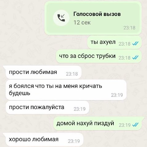Голосовой вызов 12 сек ты ахуел и что за сброс трубки и прости любимая я боялся что ты на меня кричать будешь прости пожалуйста домой нахуй пиздуй и хорошо любимая