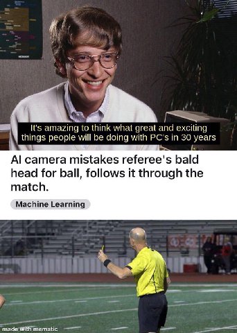 amazing to think what great and exciting “things people will be with PC's 30 years А сатега mistakes referee's bald head for ball, follows it through the match. Learning made with mematic