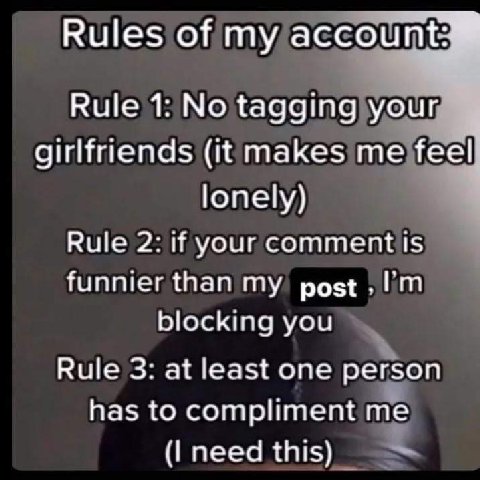 Rules of my account Rule 1: No tagging your girlfriends (it makes me feel lonely) Rule 2: if your comment is funnier than my blocking you Rule 3: at least one person has to compliment me need this)