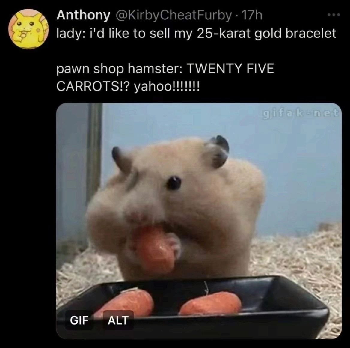 Anthony @KirbyCheatFurby lady: like to sell my 25-karat gold bracelet pawn shop hamster: TWENTY FIVE CARROTS!? В GIF ALT