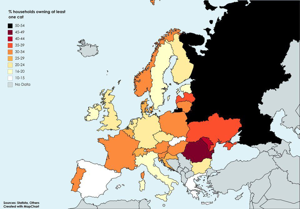 households owning at least one cat 50-54 40-44 35-39 ris 30-34 25-29 20-24 16-20 10-15 No Data Sources: Statista, Others if Created with MapChart