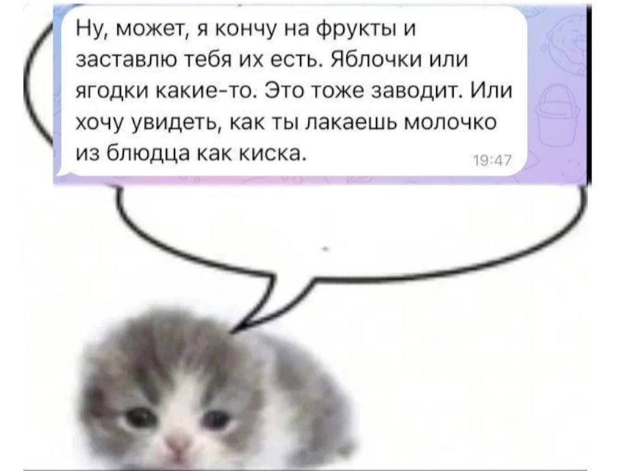 может, я кончу на фрукты и заставлю тебя есть. Яблочки или 4 ягодки какие-то. Это тоже заводит. Или хочу увидеть, как ты лакаешь молочко 19:47 у из блюдца как киска.