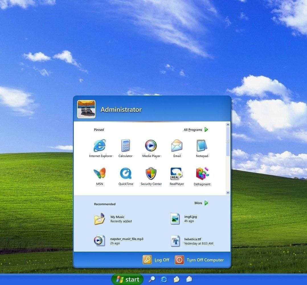 Administrator Pinned В Internet Explorer tor Media Player Email Notepad MSN Security Center RealPlayer Defragment Recommended More My Music ago Yesterday at 803 a Log Off Turn Off Computer 21 start в