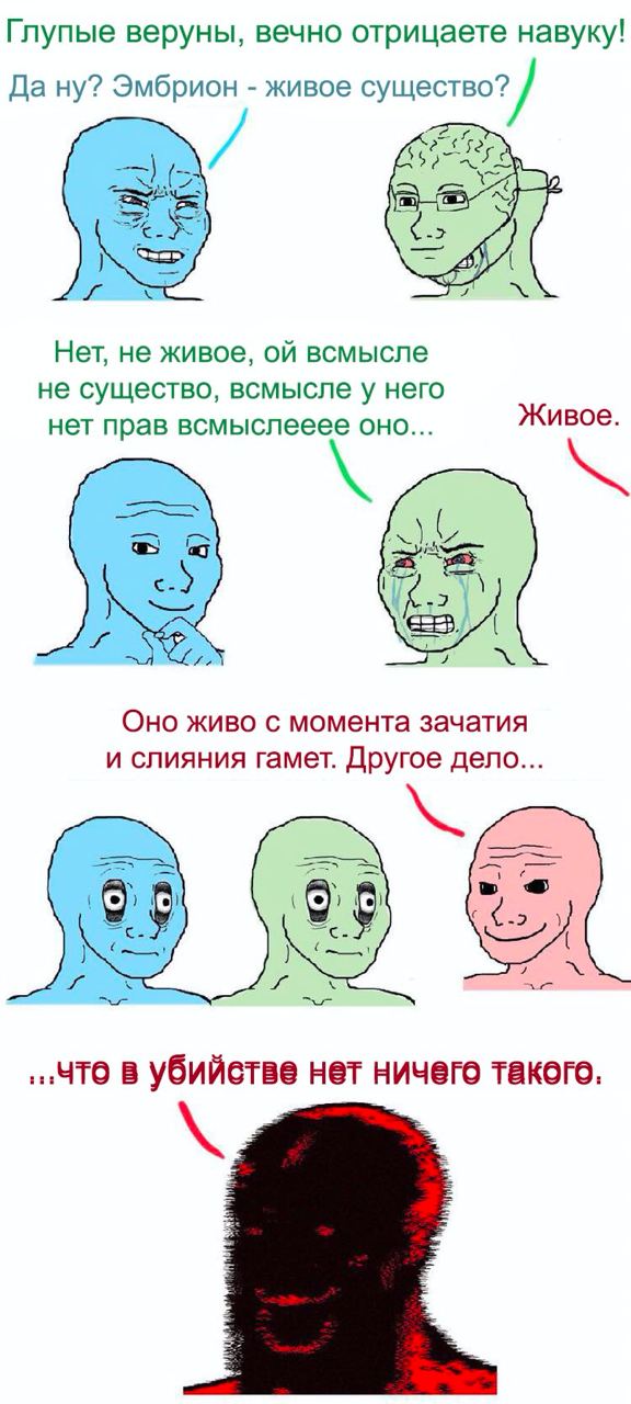 Глупые веруны, вечно отрицаете навуку! Да Эмбрион живое существо? “я Нет, не живое, всмысле не существо, всмысле у него Живое нет прав всмыслееее оно... hey и. Оно живо с момента зачатия и слияния гам