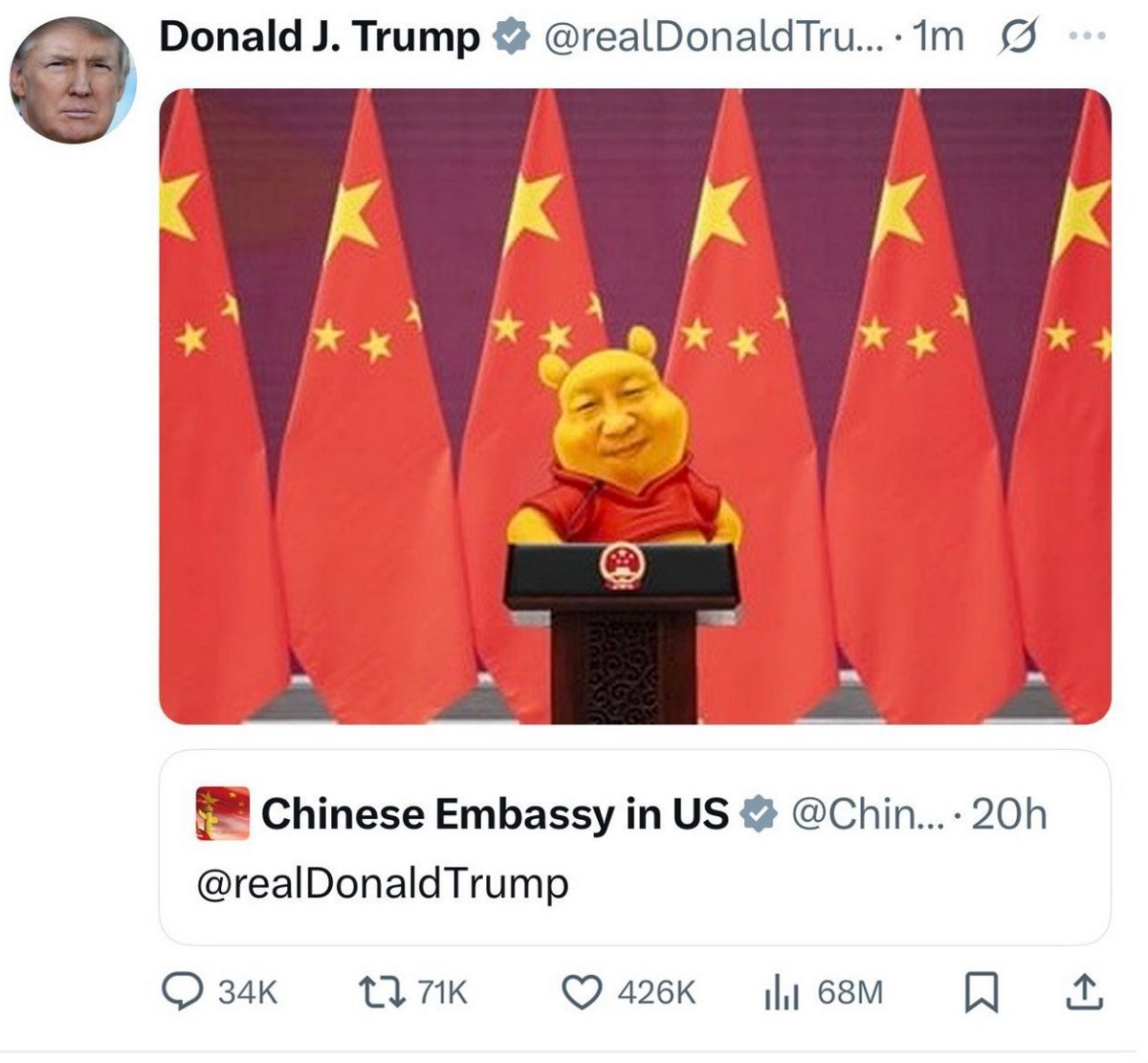 Donald Trump @realDonaldTru...-1m BABAK Chinese Embassy in @realDonaldTrump