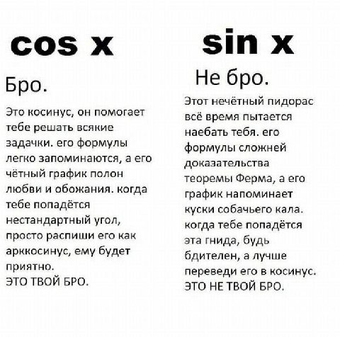 COS sin Не бро. Бро. Этот нечётный пидорас Это косинус, он помогает всё время пытается тебе решать всякие наебать тебя. его задачки. его формулы формулы сложней легко запоминаются, а его доказательств