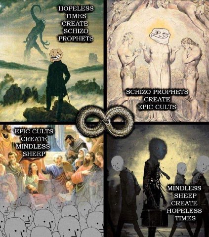 HOPELESS CREATE SCHIZO PROPHETS) SCHIZO PROPHETS CREATE EPIC CULTS) CULTS CREATE MINDLES SHEEP MINDLESS CREATE HOPELESS TIMES