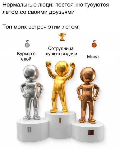 Нормальные люди: постоянно тусуются летом своими друзьями Топ моих встреч этим летом: 6 6 Сотрудница Курьер с пункта выдачи едой Мама