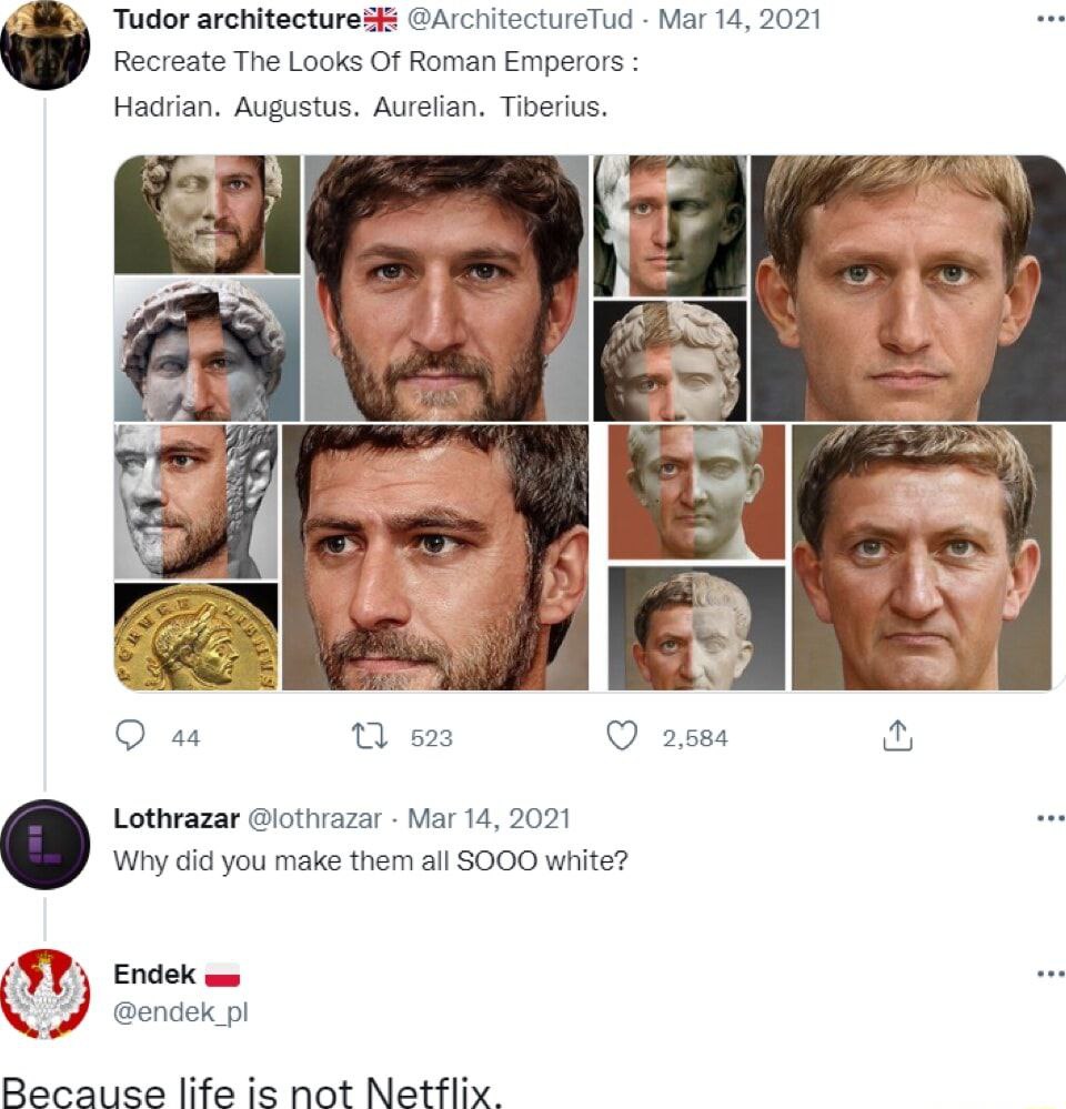Tudor architectures @ArchitectureTud Маг 14, 2021 Recreate The Looks Of Roman Emperors Hadrian. Augustus. Aurelian. Tiberius. а О 44 523 О 2,584 Lothrazar @lothrazar Mar 14, 2021 Why did you make them